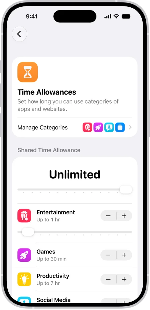 分类额度界面,显示共享总量为 Unlimited,下面按 Entertainment、Games、Productivity 等类别分别设额度