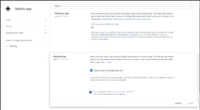 Admin console settings for the Classroom app in Gemini