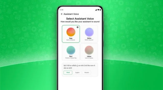 Equal AI voice selection screen — Raja, Nisha, Ravi, Vibha options in Hindi, English, and Marathi