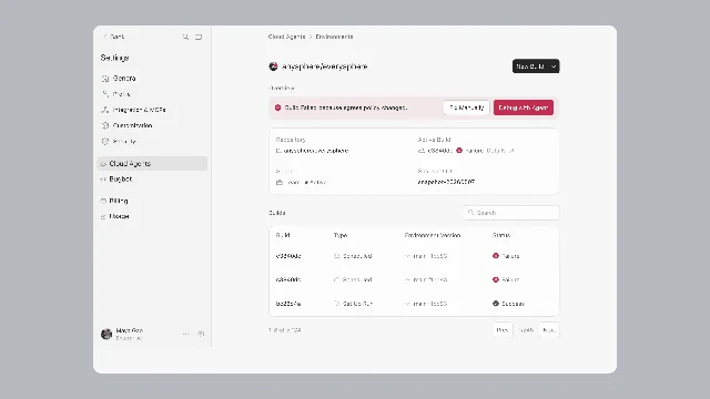 Cursor Cloud Agents Builds dashboard showing an active build failure and recent snapshot history