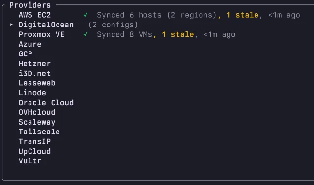 purple cloud provider list: AWS EC2, DigitalOcean, Proxmox VE, Azure, GCP, Hetzner, and 10 others with per-provider sync status and stale-host markers