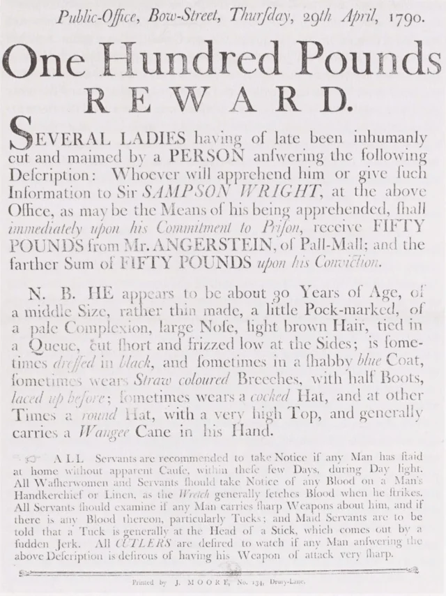 A printed reward notice headed One Hundred Pounds REWARD, dated Bow Street, 29 April 1790