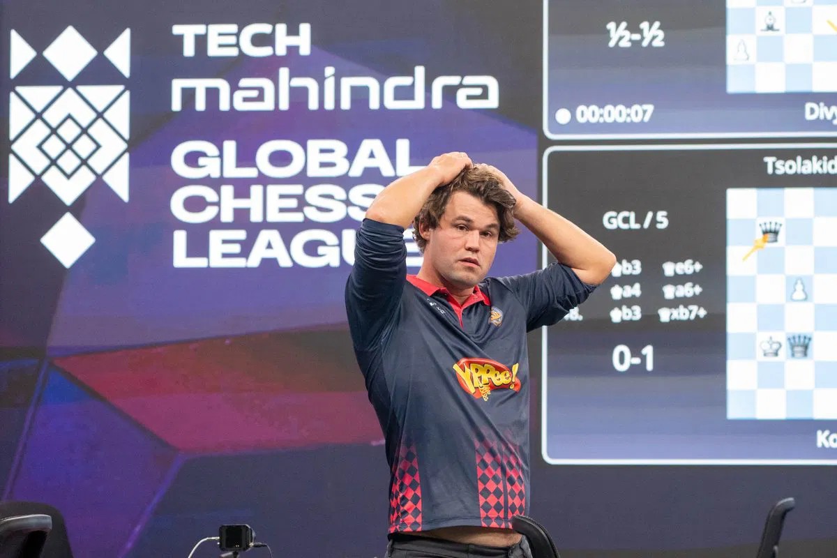 Magnus Carlsen during the second leg of the Global Chess League final in Bengaluru