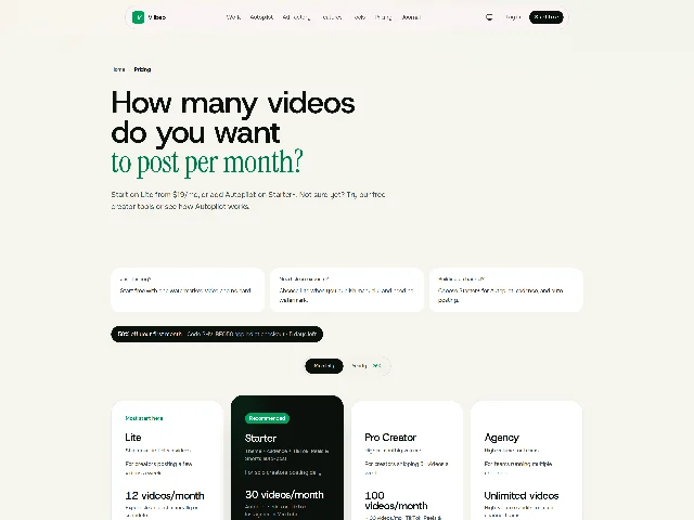 Viibeo 定价页首屏：正中大标题 How many videos do you want to post per month?（末句用绿色衬线体），下面一行 Start on Lite from $19/mo, or add Autopilot on Starter+.；再往下是三张问答小卡（Just testing? / Need clean exports? / Building a channel?），一条黑底横幅写 50% off your first month · Code PHVIIBEO50 applied at checkout · 5 days left；Monthly / Yearly 切换里 Yearly 标着 −20%；最下一排四张卡片依次是 Lite 12 videos/month、Starter 30 videos/month、Pro Creator 100 videos/month、Agency Unlimited videos
