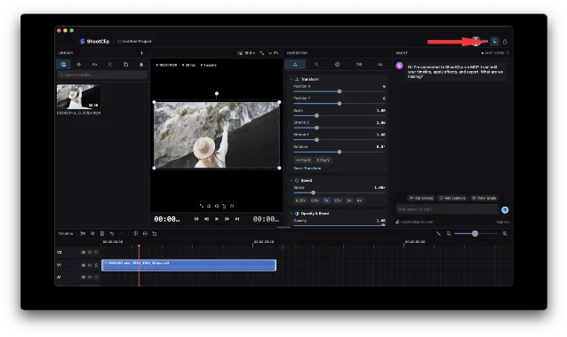 ShootClip's editor with the AI agent panel connected beside the live timeline