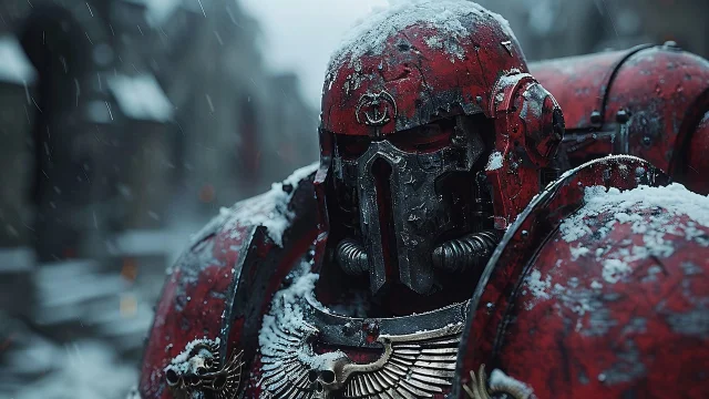 Grimly armored Chaos Space Marine in dark crimson and black plate, heretical iconography etched into the pauldrons, standing against a dark sky