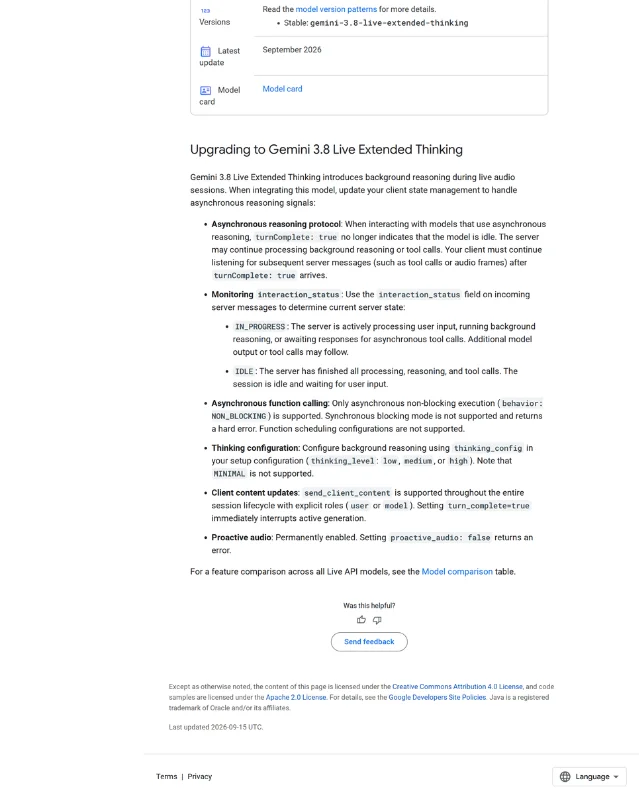 Google's upgrade notes for gemini-3.8-live-extended-thinking listing the asynchronous reasoning protocol