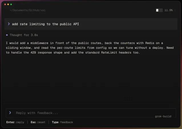 Grok Build CLI 界面:用户要求给公共 API 添加限流,AI 给出含代码的实现方案