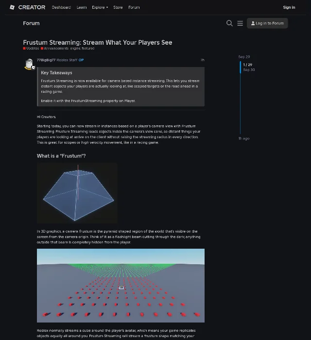 Roblox's Developer Forum announcement of Frustum Streaming, showing its blue "Key Takeaways" panel, a wireframe pyramid labelled as a camera frustum, and a render of red blocks in a cube around a small avatar with green blocks stretching away to the horizon