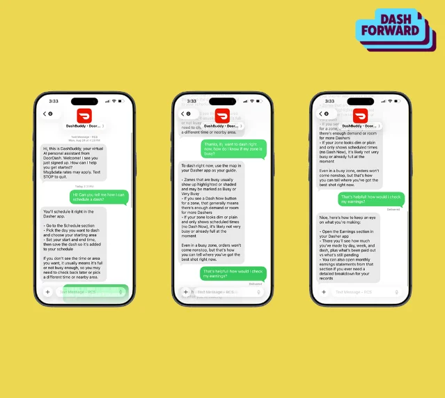 三台 iPhone 展示与 DashBuddy 的短信对话:排班、热点区与收入