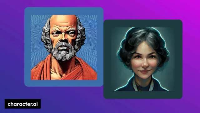 Character.AI 官方插画：紫色背景上两张 AI 角色卡片，左边是一张古典风格的智者头像，右边是一位年轻女性的角色形象