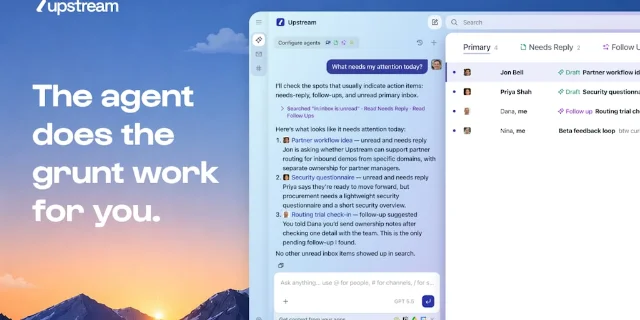 Upstream 的 Product Hunt 展示图，界面把邮件按 Important 和 Needs Reply 分区