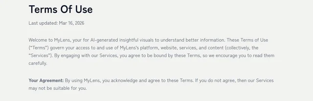 The MyLens Terms of Use header, dated 16 March 2026, opening with a sentence that describes an AI visuals tool