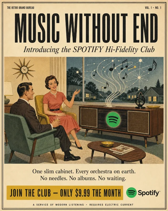 Spotify as a 1958 Hi-Fidelity Club ad