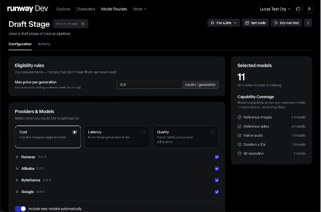 Runway Dev 的 Media Router 配置界面:预算上限、成本/延迟/质量偏好、模型集合与能力覆盖被放在同一个工作面上