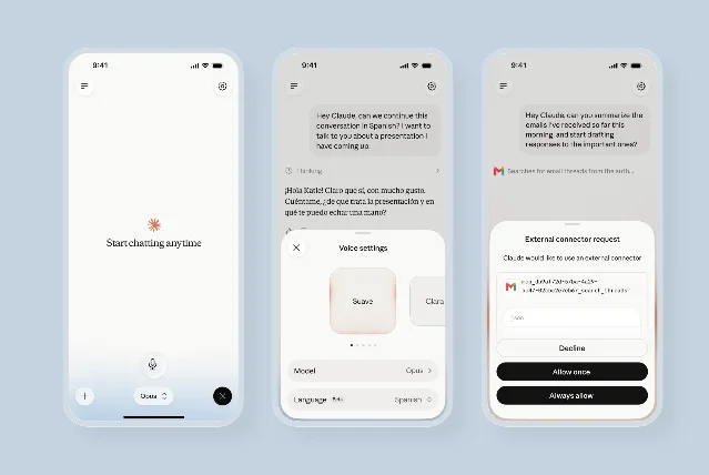 Claude语音模式、语言设置和外部连接器授权界面