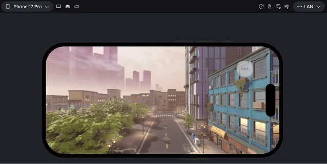 Roblox Studio Device Simulator toolbar showing iPhone 17 Pro and LAN profile