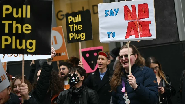 Protesters outside Google DeepMind offices in London against AI development