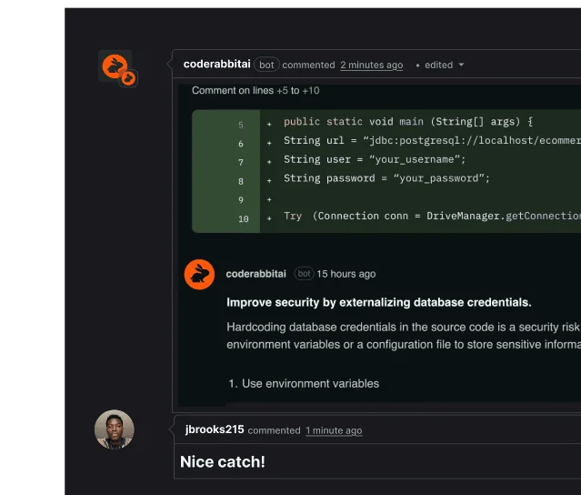 CodeRabbit 代码审查界面截图,显示 PR 自动摘要与代码问题标注