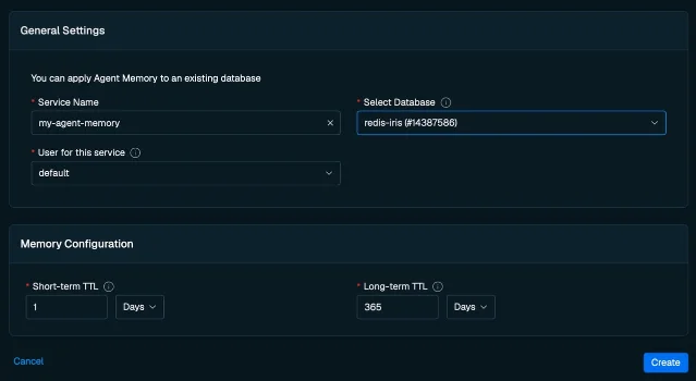 Redis Cloud 中创建 Agent Memory 服务的界面