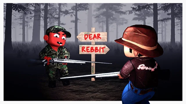 SMii7Y thumbnail staging two characters, weapons and a directional sign in a foggy forest