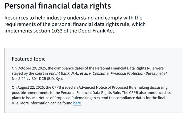 The Consumer Financial Protection Bureau's personal financial data rights page, with a boxed "Featured topic" notice stating that the compliance dates were stayed