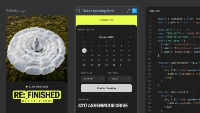 Figma code layer demo with a ticket-booking flow and React code