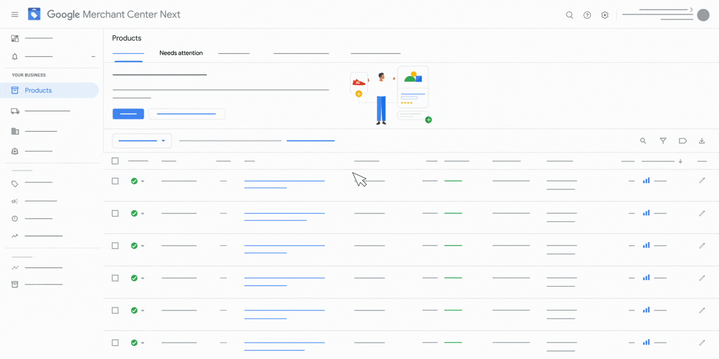 Google Merchant Center Products page showing the Needs attention area and a request-a-review flow