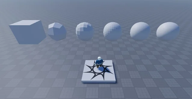 A Studio scene in which a plain cube is progressively smoothed across five shapes into a sphere, with a small mesh-editor demo on a platform in front