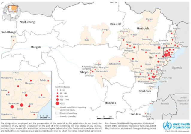 Map of the Democratic Republic of the Congo showing cumulative confirmed Bundibugyo cases by health zone as of September 23, 2026