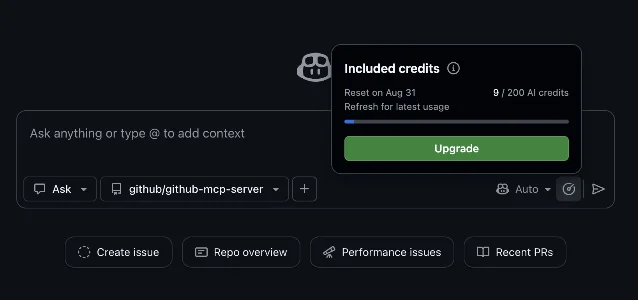 GitHub Copilot's web interface showing included credits and the token-spend control.
