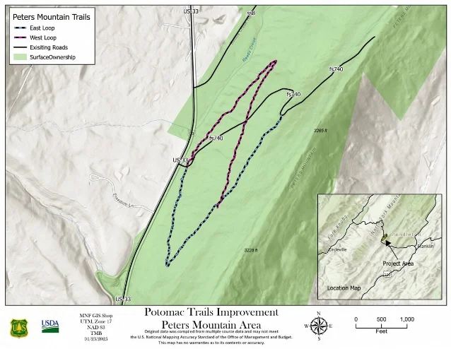 Map showing the planned East Loop and West Loop on Peters Mountain