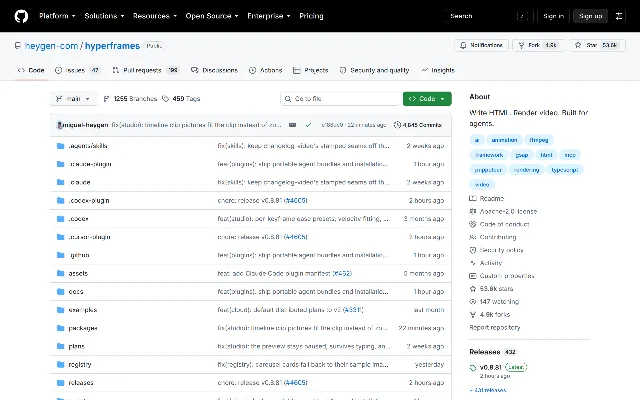 heygen-com/hyperframes 的 GitHub 仓库首页