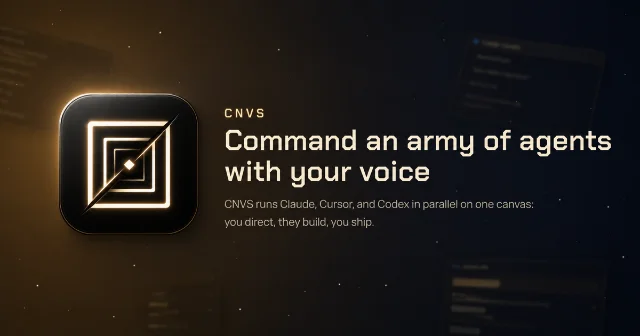 CNVS promotional banner showing the glowing nested-square icon and tagline "Command an army of agents with your voice"
