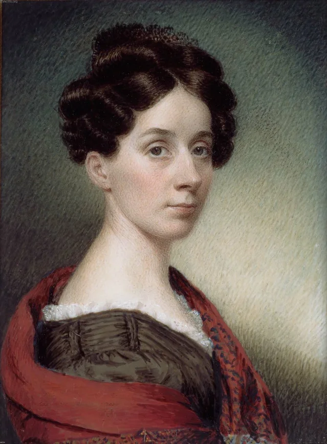 A portrait of a dark-haired woman in a red shawl, turned three-quarters towards the viewer