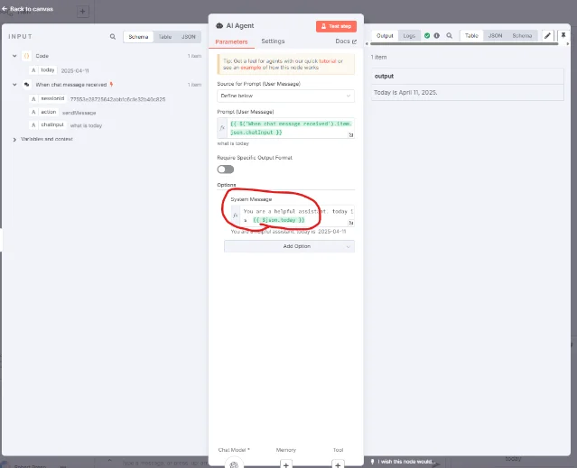 n8n AI Workflow Builder canvas showing a multi-node workflow with an AI Agent node, Vector Store Retriever, and a Code node, with the AI Build panel open on the right displaying step-by-step node construction messages including Connecting nodes and Updating node parameters