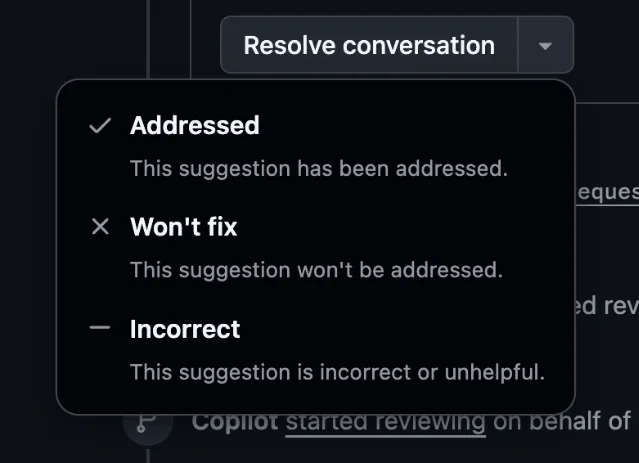 Copilot code review resolution reason menu