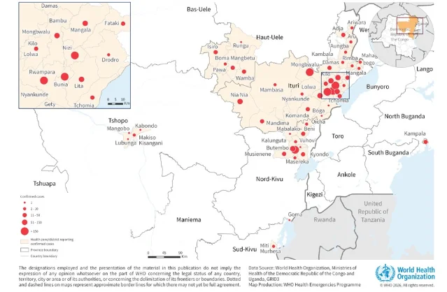 WHO map of confirmed Bundibugyo virus disease cases across eastern DRC and Uganda