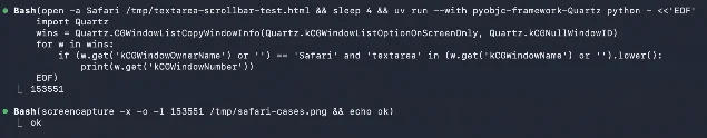 Screenshot of Bash tool calls showing Fable using pyobjc-framework-Quartz to identify Safari window IDs