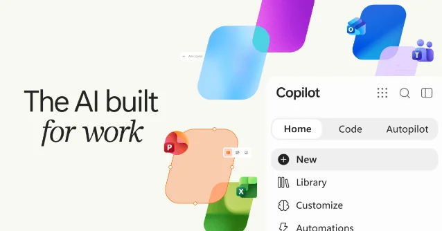 A screenshot of Microsoft's new Copilot showing the Home, Code and Autopilot tabs beside the line "The AI built for work"