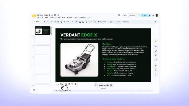 Google Pics editing a product image inside a Google Slides presentation