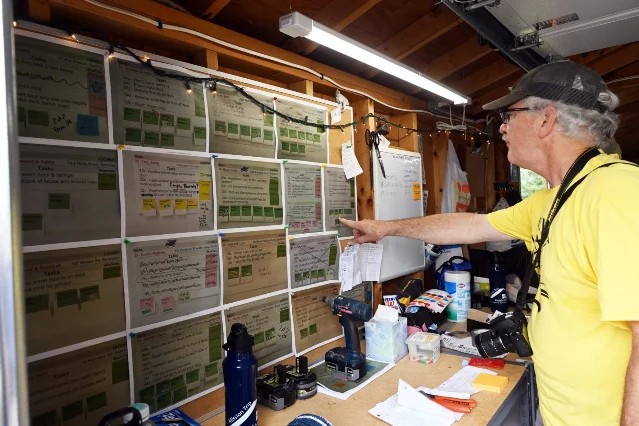 Volunteer assignment board inside a supply shed.