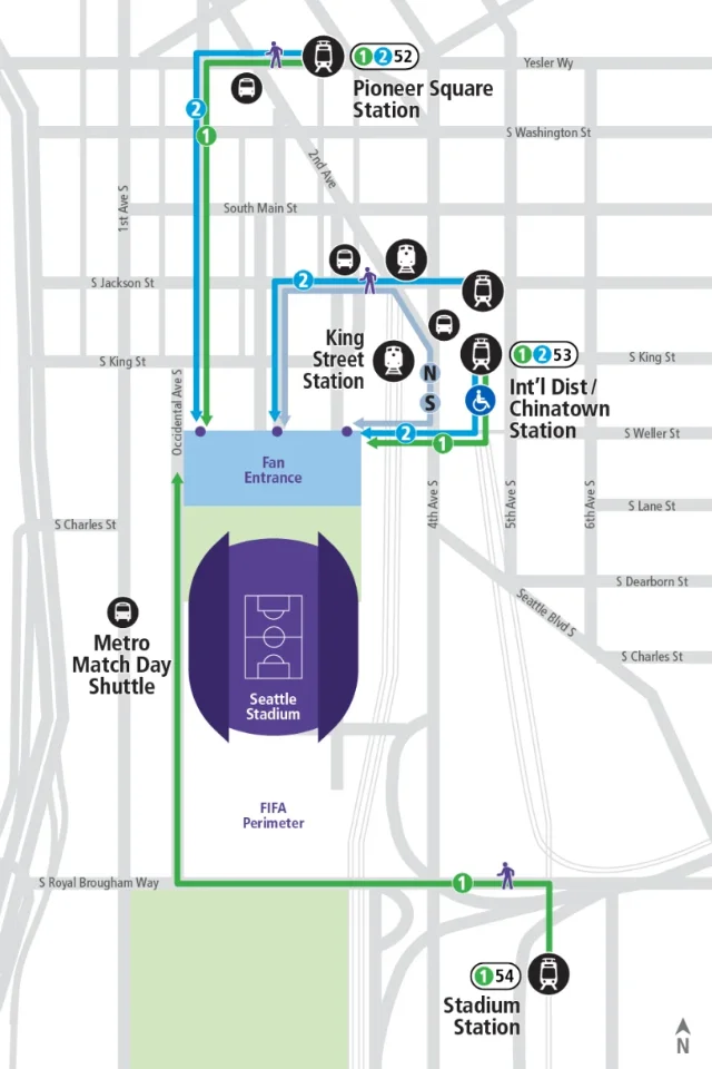 Map showing preferred Seattle Stadium rail stations: Pioneer Square from the north, Stadium from the south, International District/Chinatown from the east, and accessibility via International District/Chinatown.