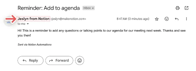 Notion automation Gmail send display name configuration showing To, Subject, Message, and Send with display name fields