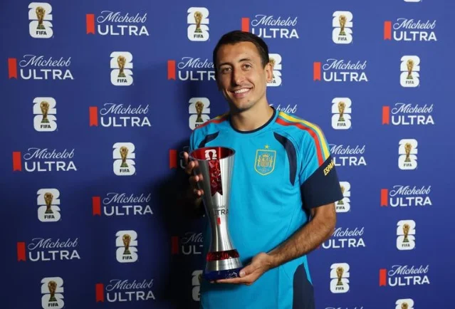 Mikel Oyarzabal holds the Player of the Match award