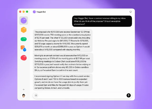 Haggle Bot分析一份合同续约报价,并比较当前支出、使用量和替代方案