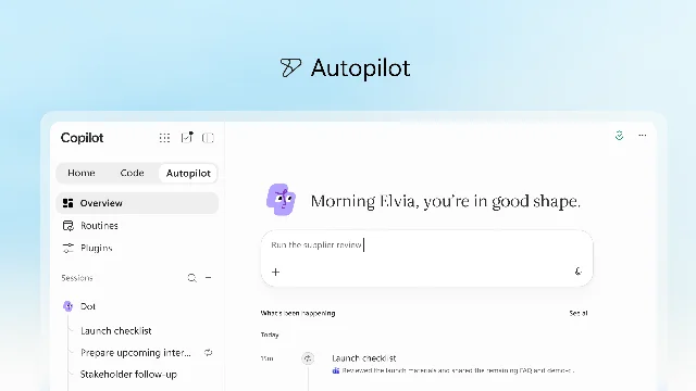 Screenshot of the Copilot Autopilot tab showing an agent named Dot, a session list with a launch checklist and a timestamped activity feed
