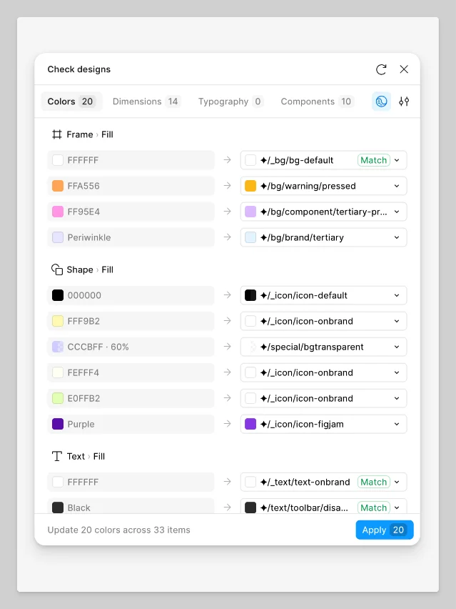 Figma Check Designs modal showing suggestions across color, spacing, and typography tabs