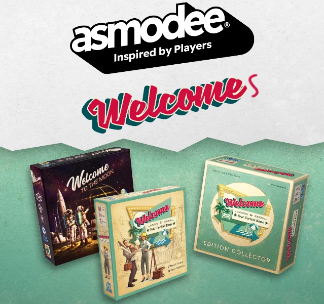 Asmodee's Welcome To… product family: Welcome to the Moon, Welcome To… Your Perfect Home, and the collector edition.