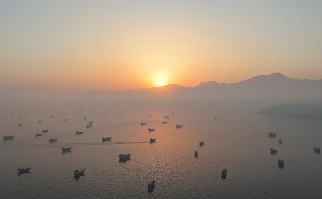 Vessels at anchor off the Strait of Hormuz at dawn, June 15, 2026